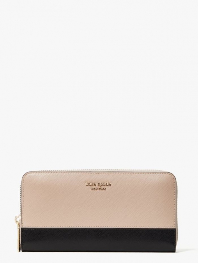 Kate Spade Women's Warm Beige/Black Spencer Zip-Around Continental Wallet | New Arrivals