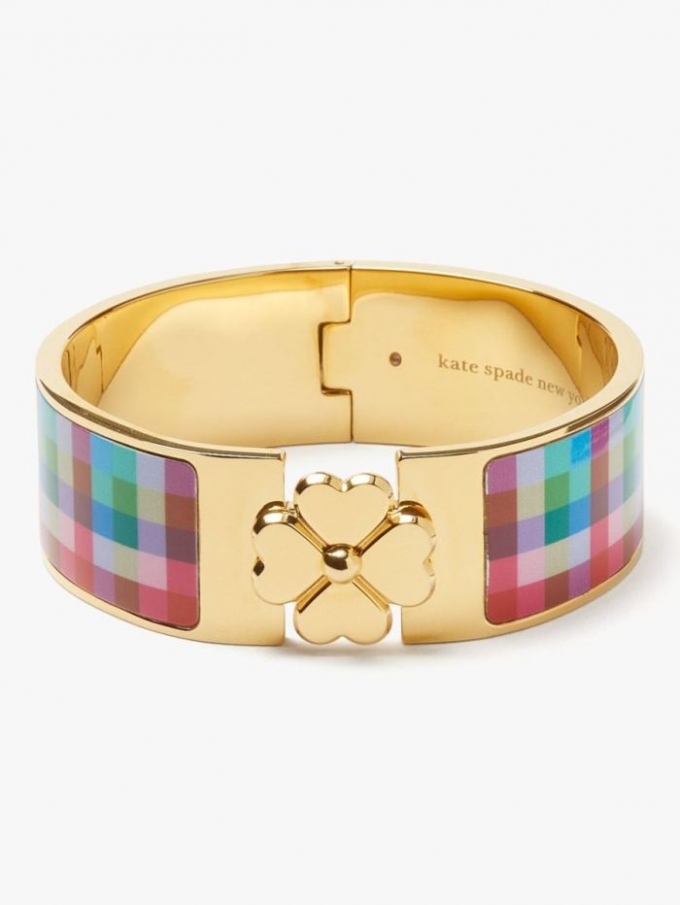 Kate Spade Women's Blue Madras Plaid Heritage Spade Flower Wide Hinged Bangle | Special Offer