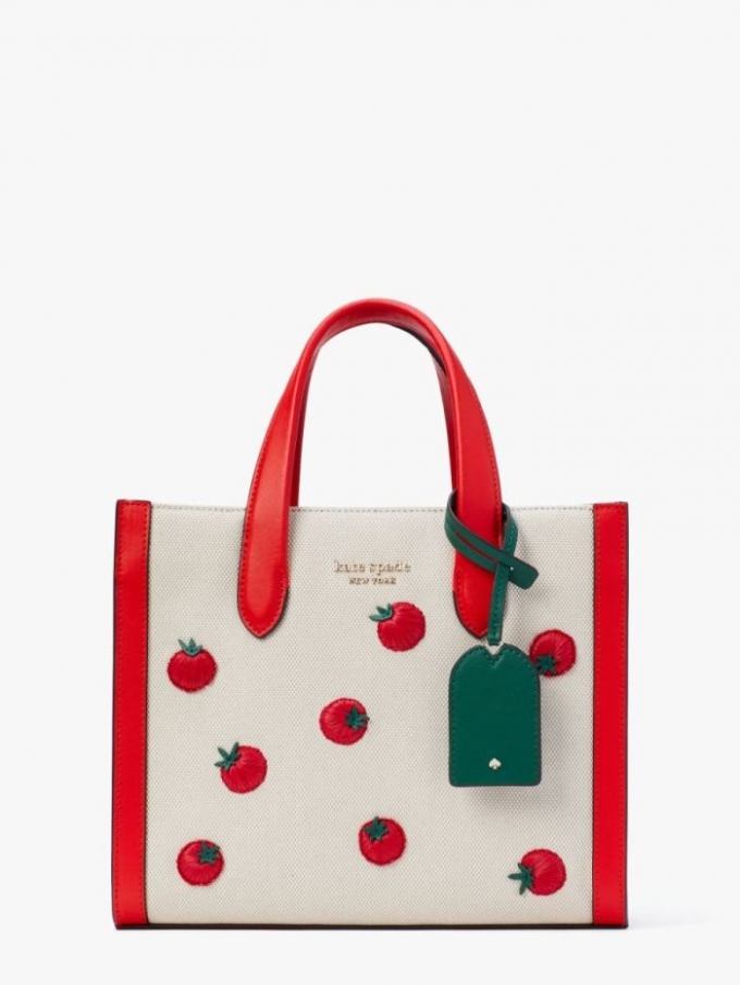 Kate Spade Women's Bright Red Multi Manhattan Tomato Embroidered Canvas Small Tote | New Arrivals