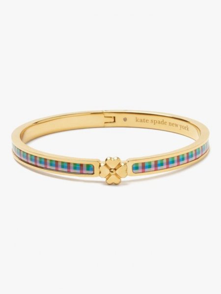 Kate Spade Women's Blue Madras Plaid Heritage Spade Flower Metal Thin Hinged Bangle | Special Offer