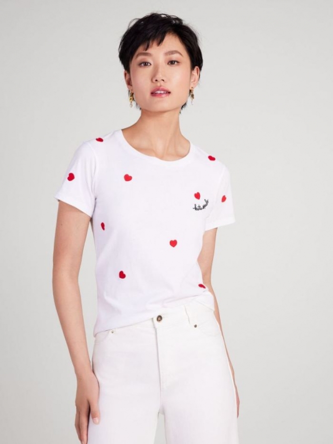 Kate Spade Women's Fresh White Embroidered Hearts Tee | Special Offer