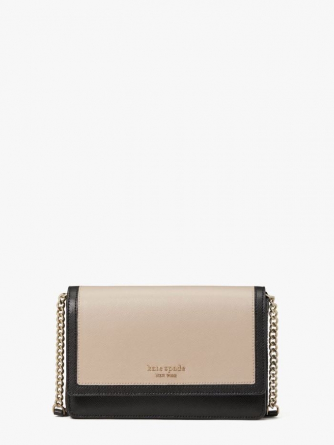 Kate Spade Women's Warm Beige/Black Spencer Flap Chain Wallet | Ireland Outlet