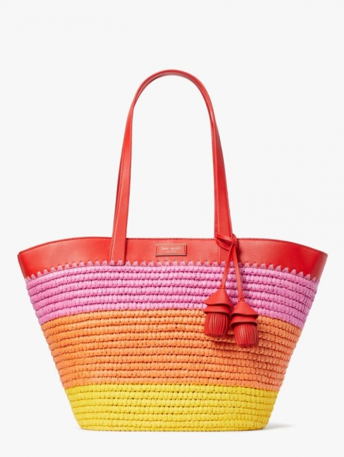 Kate Spade Women's Pink Multi The Pier Striped Straw Medium Tote | Ireland Outlet