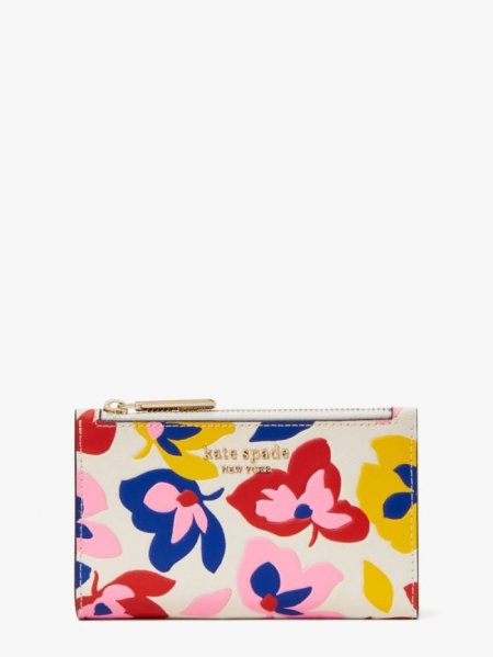 Kate Spade Women's Cream Multi Spencer Summer Flower Embossed Small Slim Bifold Wallet | New Arrivals